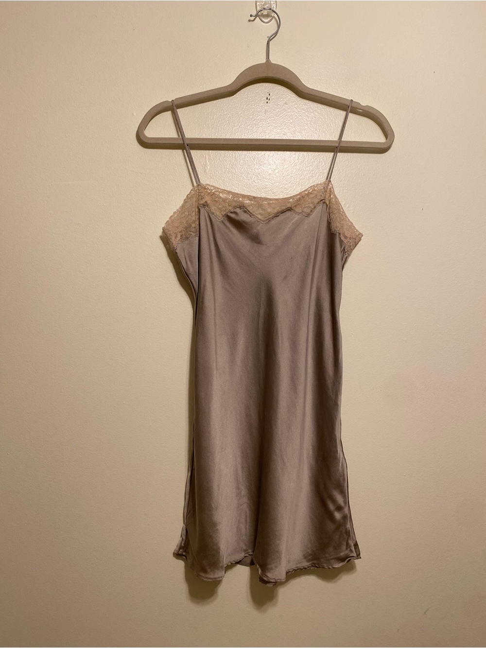 Zara Taupe Satin Slip Dress with Lace Trim. Size S . Style 9457/090/736